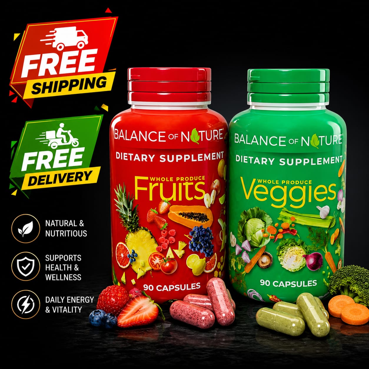 Balance of Nature Fruits & Veggies Whole Food Dietary Supplement Bundle | 90 Capsules Each | Factory Sealed