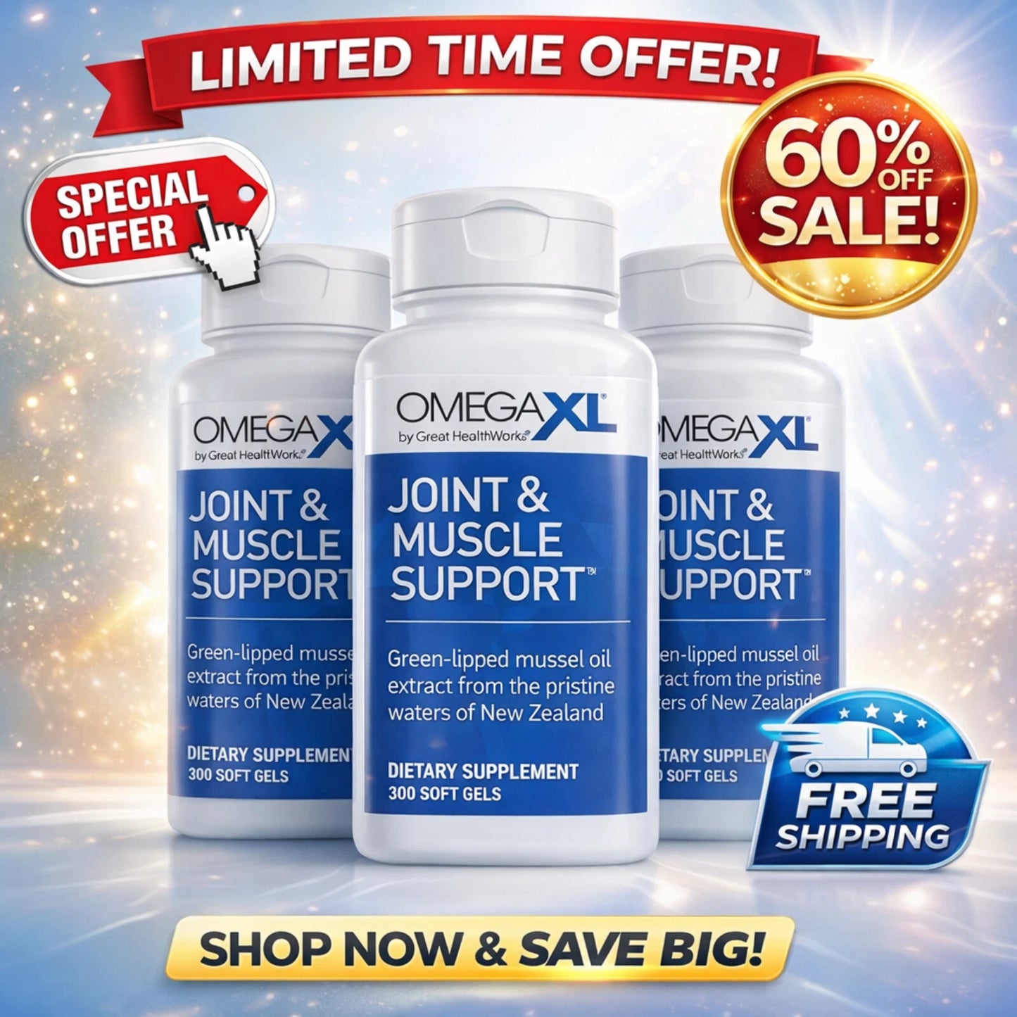 Pack of 3 OmegaXL Joint Health Supplement – 300 Softgels Each | USA Fresh Stock